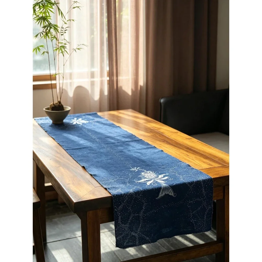Indigo Batik Goldfish Table Runner | Handmade Cotton Dining Table Decor